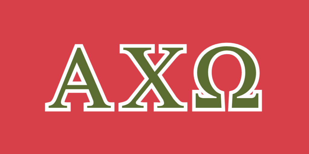 Alpha Chi Omega Greek letters in green with a red background.