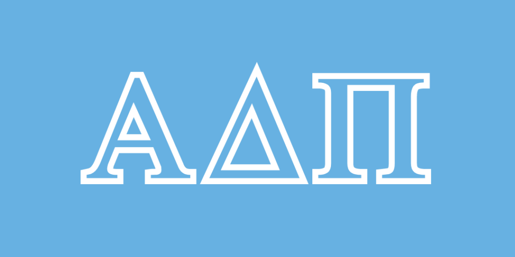Alpha Delta Pi Greek letters in white with a light blue background.