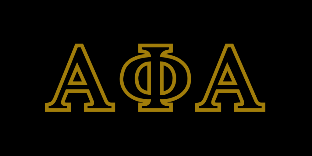 Greek letters Alpha Phi Alpha in gold on a black background.