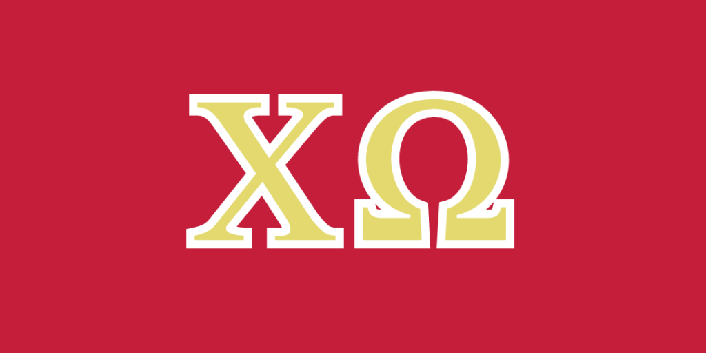 Chi Omega Greek letters in gold with a red background.