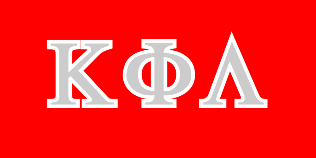 Kappa Phi Lambda Greek letters in grey with red background.