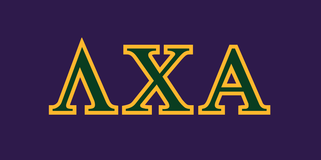 Lambda Chi Alpha Greek letters in green and gold with a dark purple background.