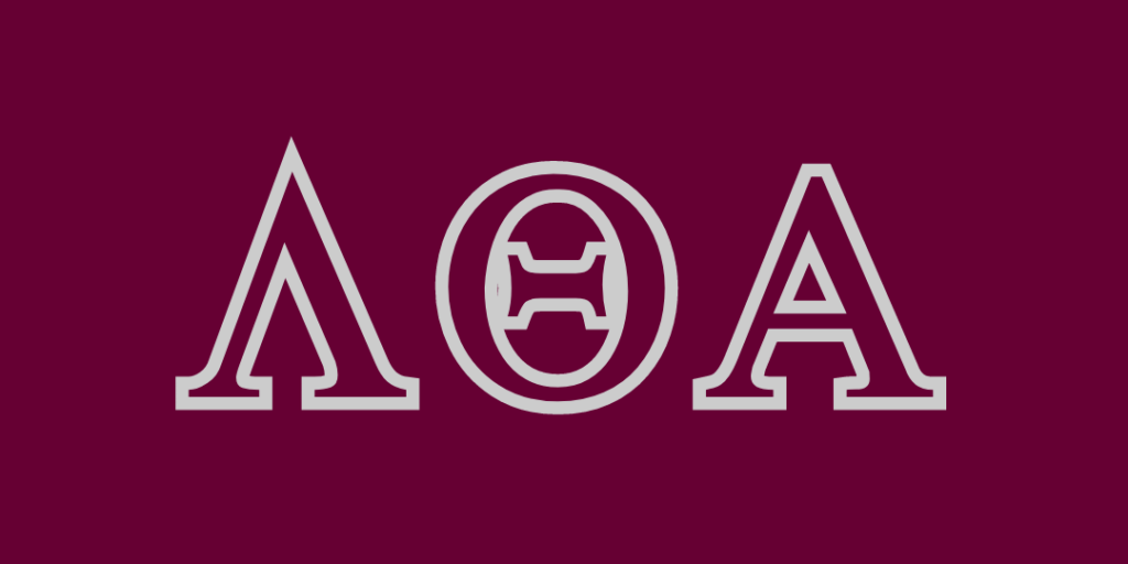 Lambda Theta Alpha Greek letters in burgundy with a grey outline and burgundy background.