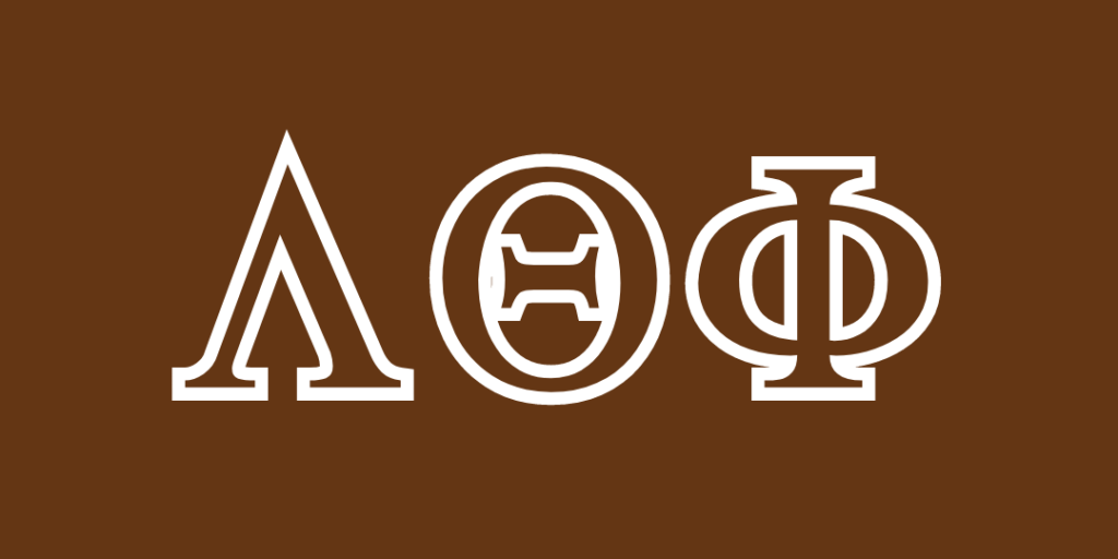 Lambda Theta Phi Greek letters with a white outline and brown background.