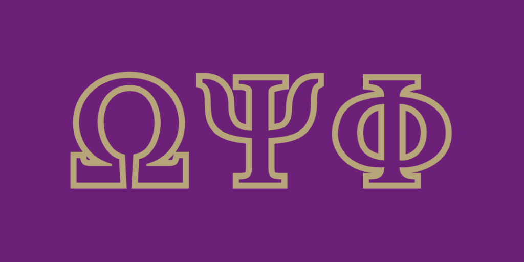 Greek letters Omega Psi Phi in gold on a purple background.