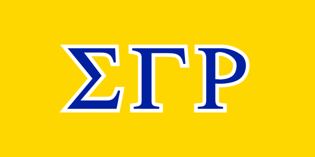 Greek letters Sigma Gamma Rho in blue on a yellow background.