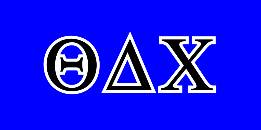 Theta Delta Chi Greek letters in black with bright blue background.